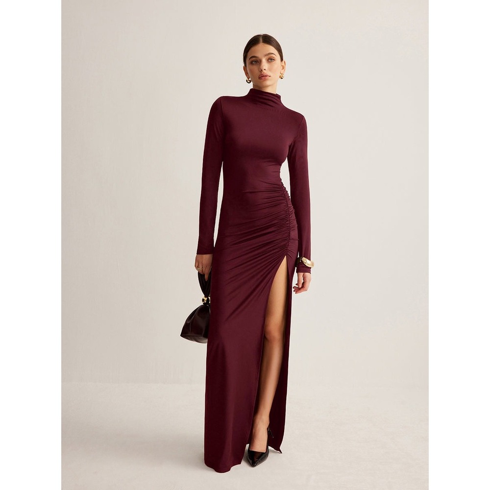 Commense Burgundy Ruched High Slit Mock Neck Long Sleeve Maxi Dress L